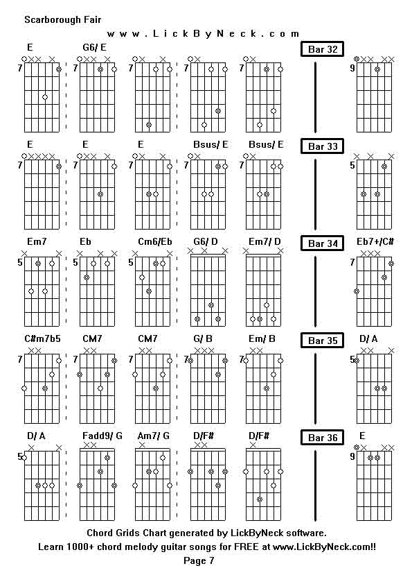 Chord Grids Chart of chord melody fingerstyle guitar song-Scarborough Fair,generated by LickByNeck software.